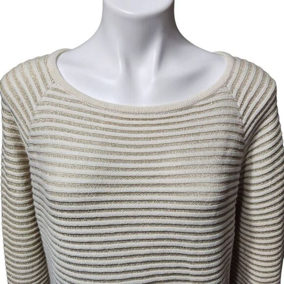 Chico's stretch knit tunic sweater gold cream stripe bell sleeve Size 3 XL - Picture 5 of 10